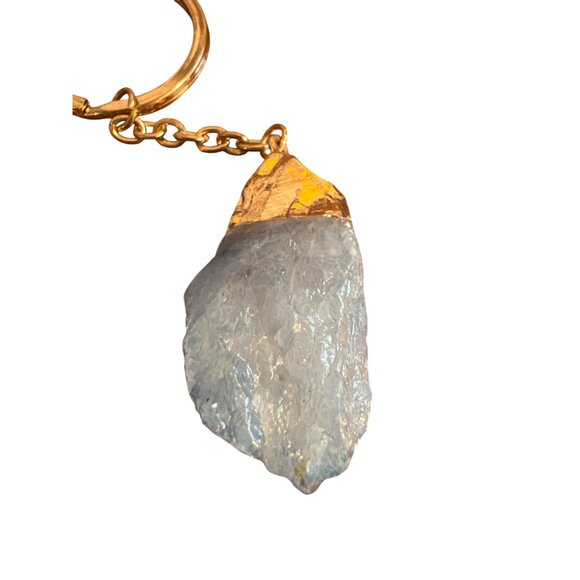 Blue Raw Crystal Stone Point Keychain Bag Charm Gold Leaf 4.25" Long - Picture 3 of 4